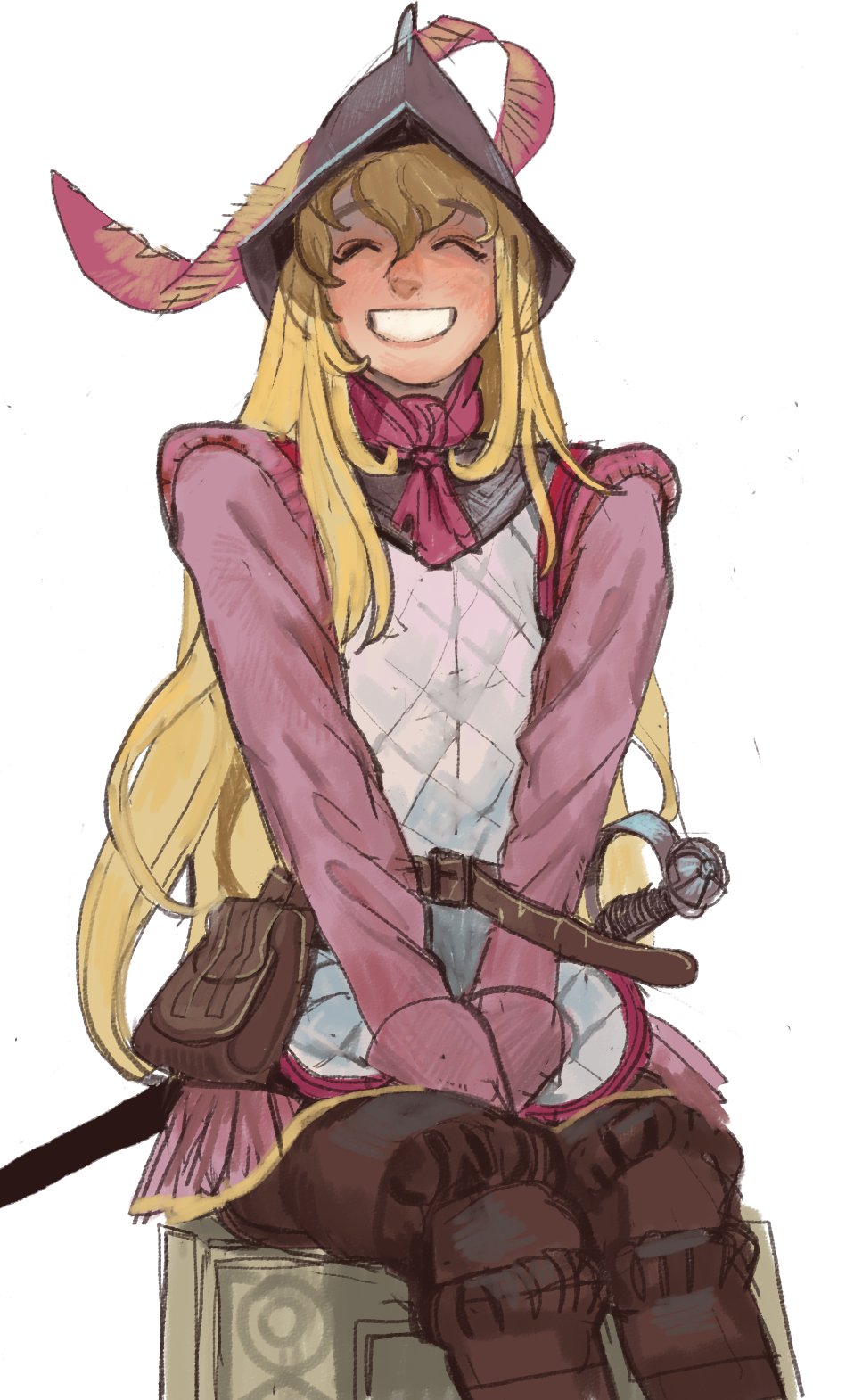 1girl, ^_^, armor, belt, belt_pouch, between_legs, blonde_hair, brown_belt