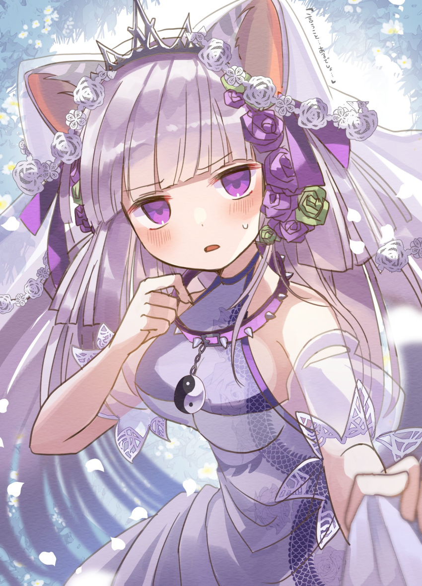 1girl, animal_ears, blush, bridal_veil, bride, dress, flower, haku_(p&amp;d)