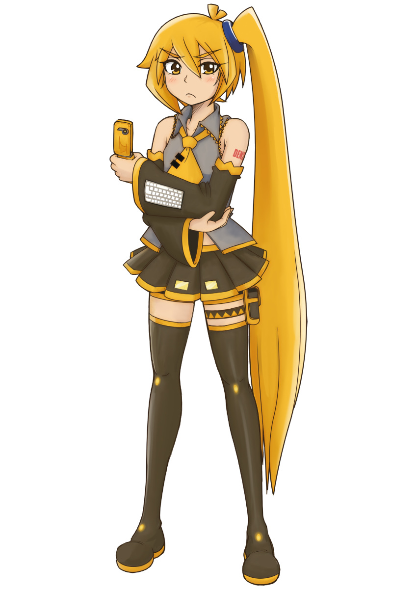 1girl, akita_neru, antenna_hair, bare_shoulders, black_footwear, black_skirt, black_sleeves, black_thighhighs, blonde_hair, blush, boots, cellphone, commentary, crossed_arms, detached_sleeves, english_commentary, flip_phone, frown, full_body, grey_shirt, hair_tie, highres, holding, holding_phone, holster, long_hair, looking_at_viewer, miniskirt, mixed-language_commentary, necktie, official_art, phone, pleated_skirt, shirt, shoulder_tattoo, side_ponytail, skirt, sleeveless, sleeveless_shirt, smith_hioka, solo, tachi-e, tan, tattoo, thick_thighs, thigh-highs, thigh_boots, thigh_holster, thigh_strap, thighs, transparent_background, v-shaped_eyebrows, very_long_hair, vocaloid, yellow_eyes, yellow_necktie, zettai_ryouiki