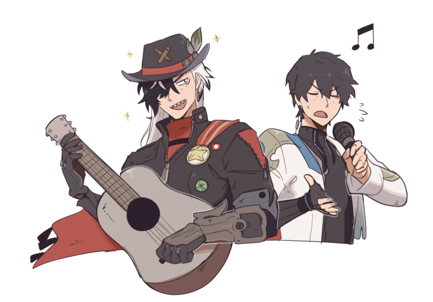 2boys, bandana, black_eyes, black_gloves, black_hair, black_hat, black_jacket, black_shirt, boothill_(honkai:_star_rail), bullet_earrings, closed_eyes, coat, dan_heng_(honkai:_star_rail), earrings, english_commentary, eyeshadow, fingerless_gloves, fingernails, flying_sweatdrops, gloves, guitar, hair_between_eyes, hair_over_one_eye, hands_up, hat, hat_feather, hat_ornament, highres, holding, holding_guitar, holding_instrument, holding_microphone, honkai:_star_rail, honkai_(series), instrument, jacket, jewelry, long_hair, long_sleeves, looking_at_another, makeup, male_focus, microphone, multicolored_hair, multiple_boys, music, musical_note, netoii, open_clothes, open_coat, open_mouth, playing_instrument, red_bandana, red_eyeshadow, sharp_teeth, sheriff_badge, shirt, short_hair, simple_background, singing, single_earring, single_glove, smile, sparkle, standing, star_(symbol), sweatdrop, teeth, tongue, two-tone_hair, upper_body, v-shaped_eyebrows, white_background, white_coat, white_hair, zipper