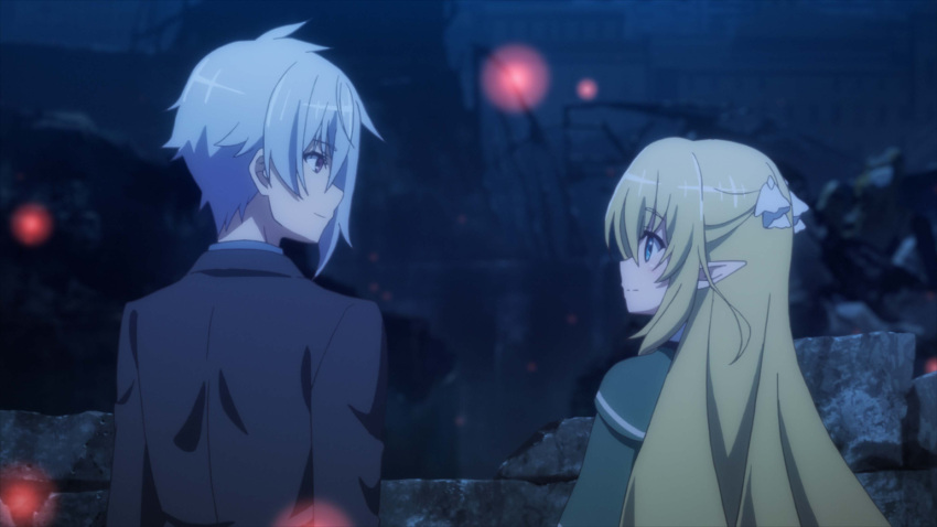 1boy, 1girl, absurdres, back, blonde_hair, blue_eyes, choujin_koukousei-tachi_wa_isekai_demo_yoyuu_de_ikinuku_you_desu!, closed_mouth