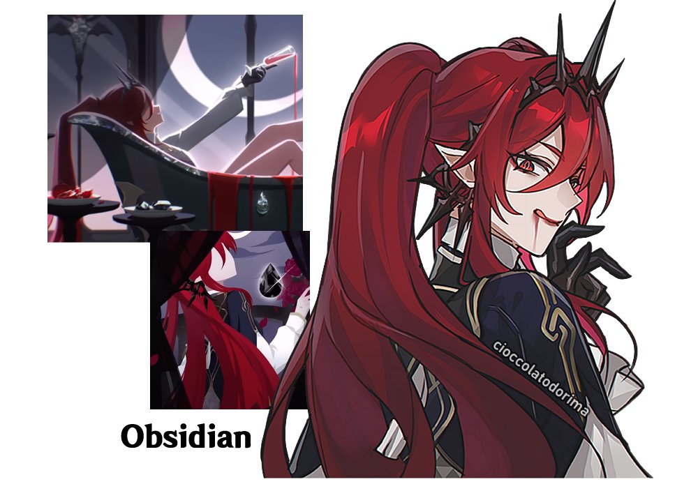 1girl, black_gloves, black_jacket, black_tiara, blood, character_name, cioccolatodorima, closed_mouth, colored_inner_hair, crescent, crescent_moon, english_commentary, eyeshadow, frills, from_side, gloves, gold_trim, hair_between_eyes, hand_up, honkai:_star_rail, honkai_(series), jacket, long_hair, long_sleeves, looking_at_viewer, makeup, moon, multicolored_hair, obsidian_(honkai:_star_rail), pink_hair, pointy_ears, ponytail, red_eyes, red_eyeshadow, redhead, shirt, sidelocks, simple_background, smile, solo, tiara, tongue, tongue_out, upper_body, white_background, white_shirt