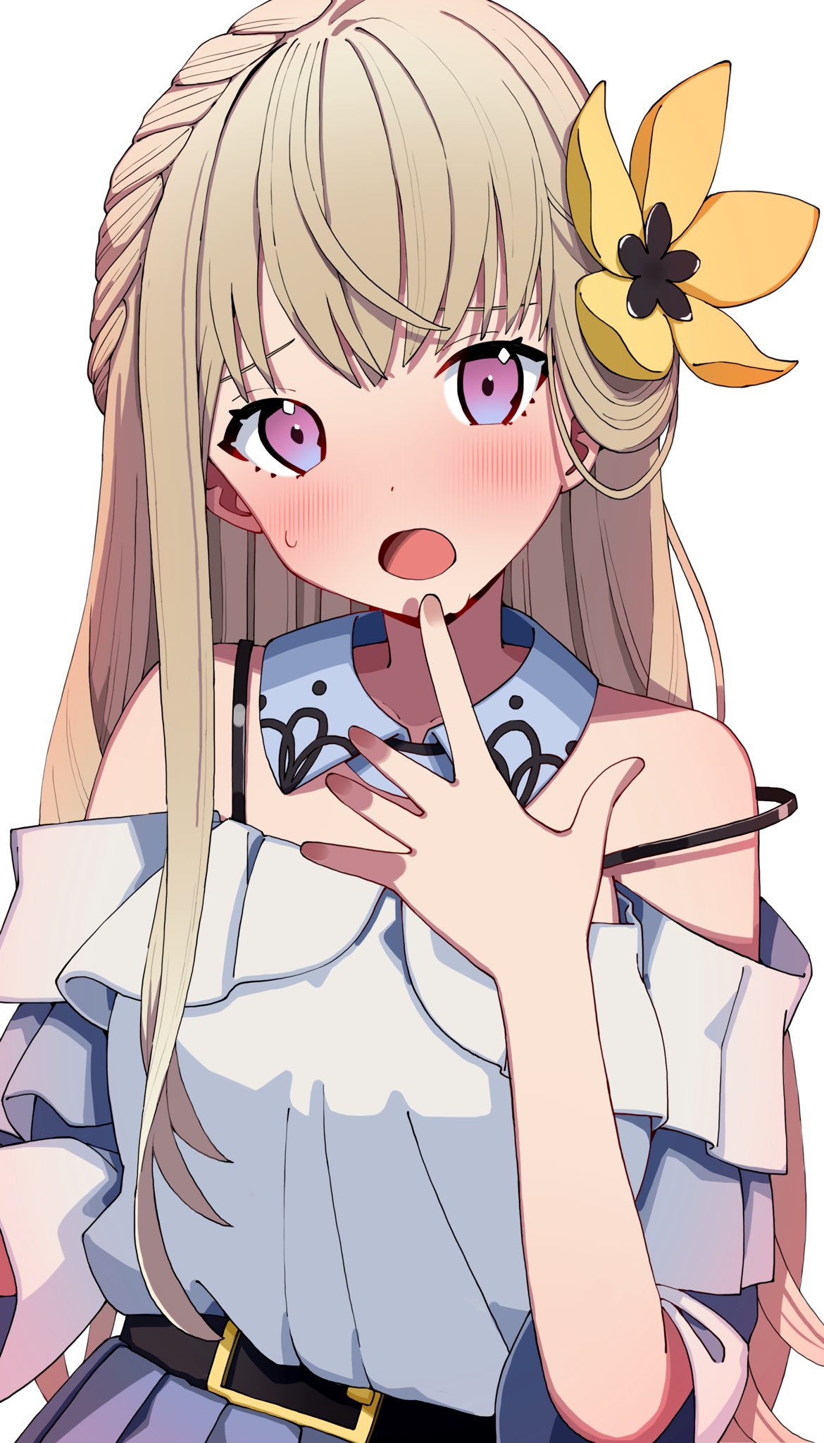 1girl, amanohoshi_chiroru, bare_shoulders, belt, black_belt, blonde_hair, blue_skirt, blush