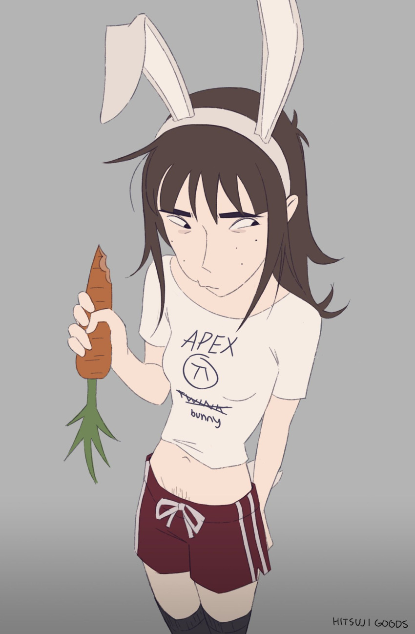 black_eyes, brown_hair, bunny_ears, bunny_tail, carrot, double_v, eating, female