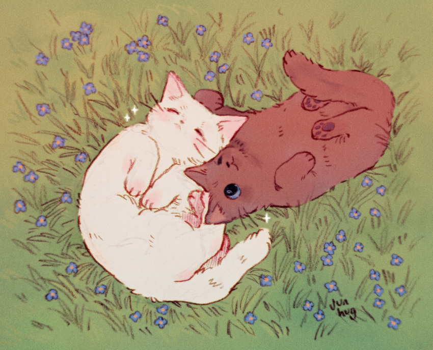 animal, animal_focus, artist_name, blue_eyes, blue_flower, brown_cat, cat, closed_eyes, commentary, english_commentary, flower, full_body, grass, highres, jun-hug, lying, no_humans, on_back, original, white_cat