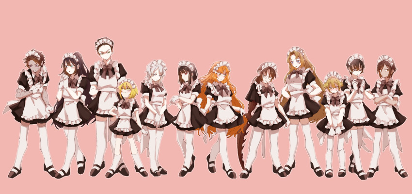 6+boys, 6+girls, apron, black_bow, black_bowtie, black_dress, black_eyes, black_footwear, black_hair, blonde_hair, blue_eyes, bow, bowtie, brown_eyes, brown_hair, closed_mouth, don_quixote_(project_moon), dress, faust_(project_moon), gloves, gregor_(project_moon), hands_up, heathcliff_(project_moon), highres, hong_lu_(project_moon), ishmael_(project_moon), limbus_company, long_hair, maid, maid_apron, maid_headdress, meursault_(project_moon), multiple_boys, multiple_girls, open_mouth, orange_hair, outis_(project_moon), pantyhose, pink_background, project_moon, puffy_short_sleeves, puffy_sleeves, rengonoko2, rodion_(project_moon), ryoshu_(project_moon), shoes, short_sleeves, sidelocks, sinclair_(project_moon), smile, very_long_hair, white_apron, white_gloves, white_pantyhose, yellow_eyes, yi_sang_(project_moon)