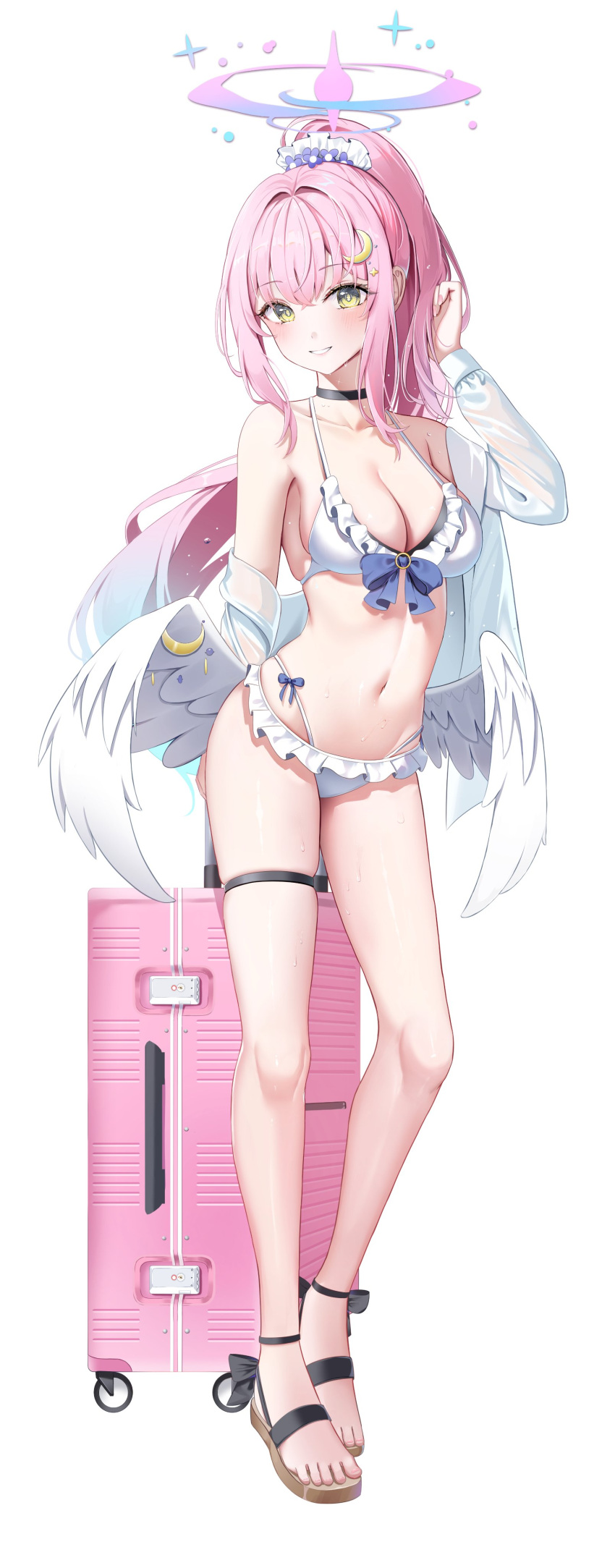 1girl, absurdres, bikini, blue_archive, blue_hair, breasts, dress_shirt, feathered_wings, feet, flower, frilled_bikini_bottom, frilled_bikini_top, gradient_halo, hair_flower, hair_ornament, hair_scrunchie, halo, highres, hime_cut, large_breasts, li_se, looking_at_viewer, low_wings, mika_(blue_archive), multicolored_hair, multicolored_halo, navel, official_alternate_costume, official_alternate_hairstyle, pink_hair, pink_halo, ponytail, rolling_suitcase, sandals, scrunchie, shirt, simple_background, skindentation, solo, suitcase, swimsuit, wet, wet_clothes, wet_shirt, wing_ornament, wings, yellow_eyes
