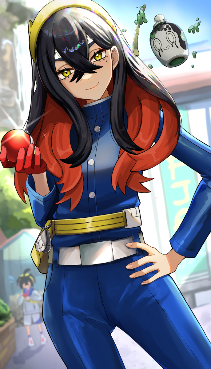 1boy, 1girl, belt, belt_buckle, black_hair, blue_jacket, blue_pants, blurry