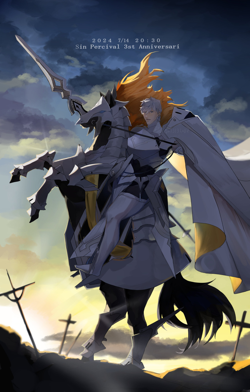 1boy, absurdres, blue_eyes, fate/grand_order, fate_(series), fine_art_parody, grey_hair, hair_between_eyes, highres, holding, holding_polearm, holding_weapon, horseback_riding, ironmanhshs, looking_at_viewer, male_focus, napoleon_crossing_the_alps, parody, percival_(fate), polearm, riding, solo, weapon