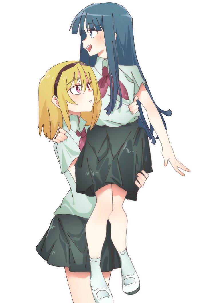 2girls, 6npnmcuvsauiemp, black_skirt, blush, bow, bowtie, carrying, facing_to_the_side, furude_rika, higurashi_no_naku_koro_ni, houjou_satoko, multiple_girls, open_mouth, pink_bow, pink_bowtie, princess_carry, school_uniform, shirt, simple_background, skirt, smile, socks, white_background, white_footwear, white_shirt, white_socks, yuri