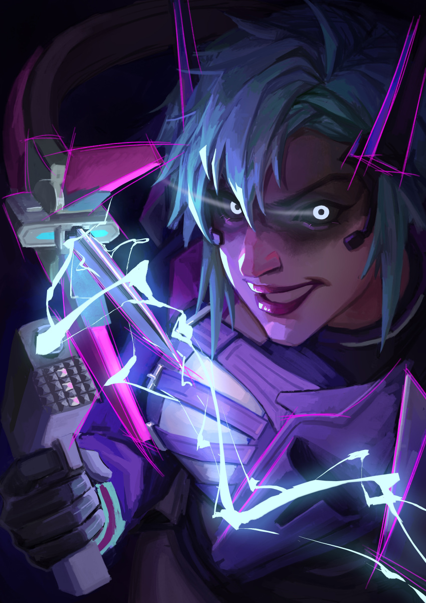 1girl, absurdres, alter_(apex_legends), apex_legends, black_gloves, black_hair, black_sclera, bodysuit, chinese_commentary, colored_sclera, electricity, eye_trail, gloves, glowing, glowing_eyes, grey_bodysuit, gun, highres, holding, holding_gun, holding_weapon, horns, light_trail, looking_at_viewer, mechanical_horns, mechanical_tail, mu_wen_jie, p2020_(pistol), parted_lips, portrait, smile, solo, tail, weapon, white_eyes