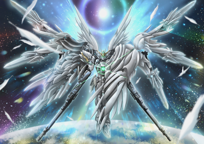 absurdres, diffraction_spikes, dual_wielding, earth_(planet), feathers, glowing, green_eyes, gun