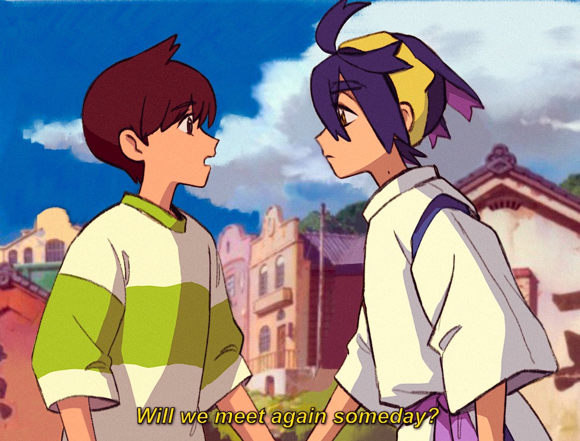 2boys, ahoge, brown_hair, building, closed_mouth, clouds, colored_inner_hair, commentary