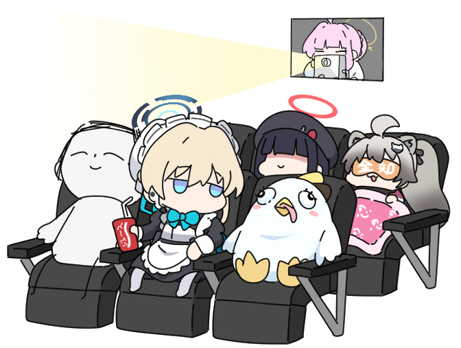 1boy, 4girls, ahoge, animal_ear_fluff, animal_ears, apron, bendy_straw, beret