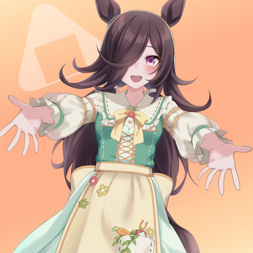1girl, :d, animal_ears, apron, brown_hair, dress, food, gradient_background, green_dress, hair_over_one_eye, highres, horse_ears, horse_girl, long_hair, looking_at_viewer, nemu_(rakugaki_jt), official_alternate_costume, onigiri, orange_background, outstretched_arms, rice_shower_(umamusume), rice_shower_(yummy_dreamy_fairy)_(umamusume), simple_background, smile, solo, umamusume, violet_eyes