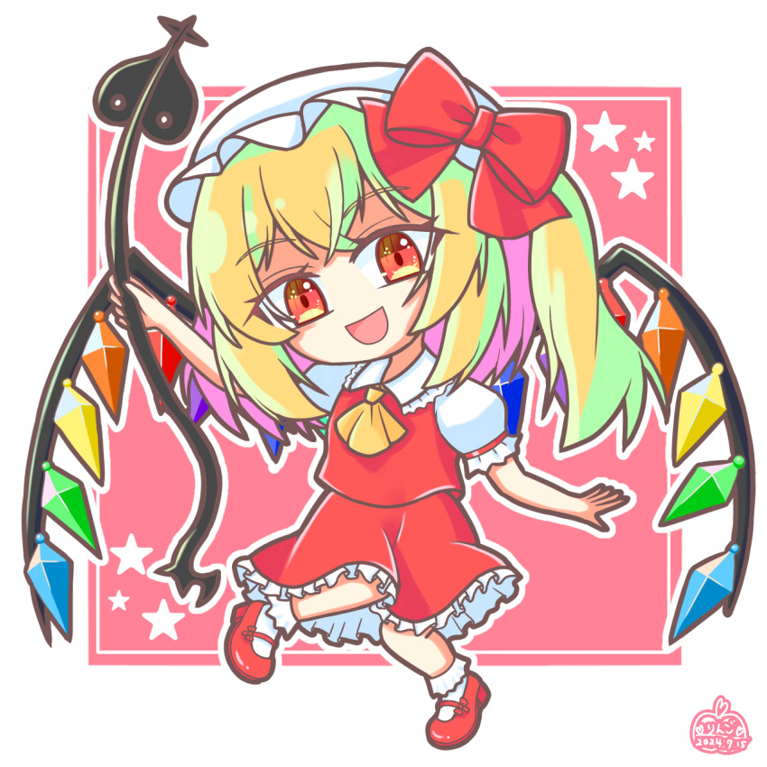 1girl, ascot, blonde_hair, chibi, crystal_wings, flandre_scarlet, frills, full_body, hand_up, hat, highres, laevatein_(touhou), looking_at_viewer, miyon-1121, mob_cap, open_mouth, red_eyes, red_footwear, simple_background, solo, touhou, white_background, white_hat, yellow_ascot