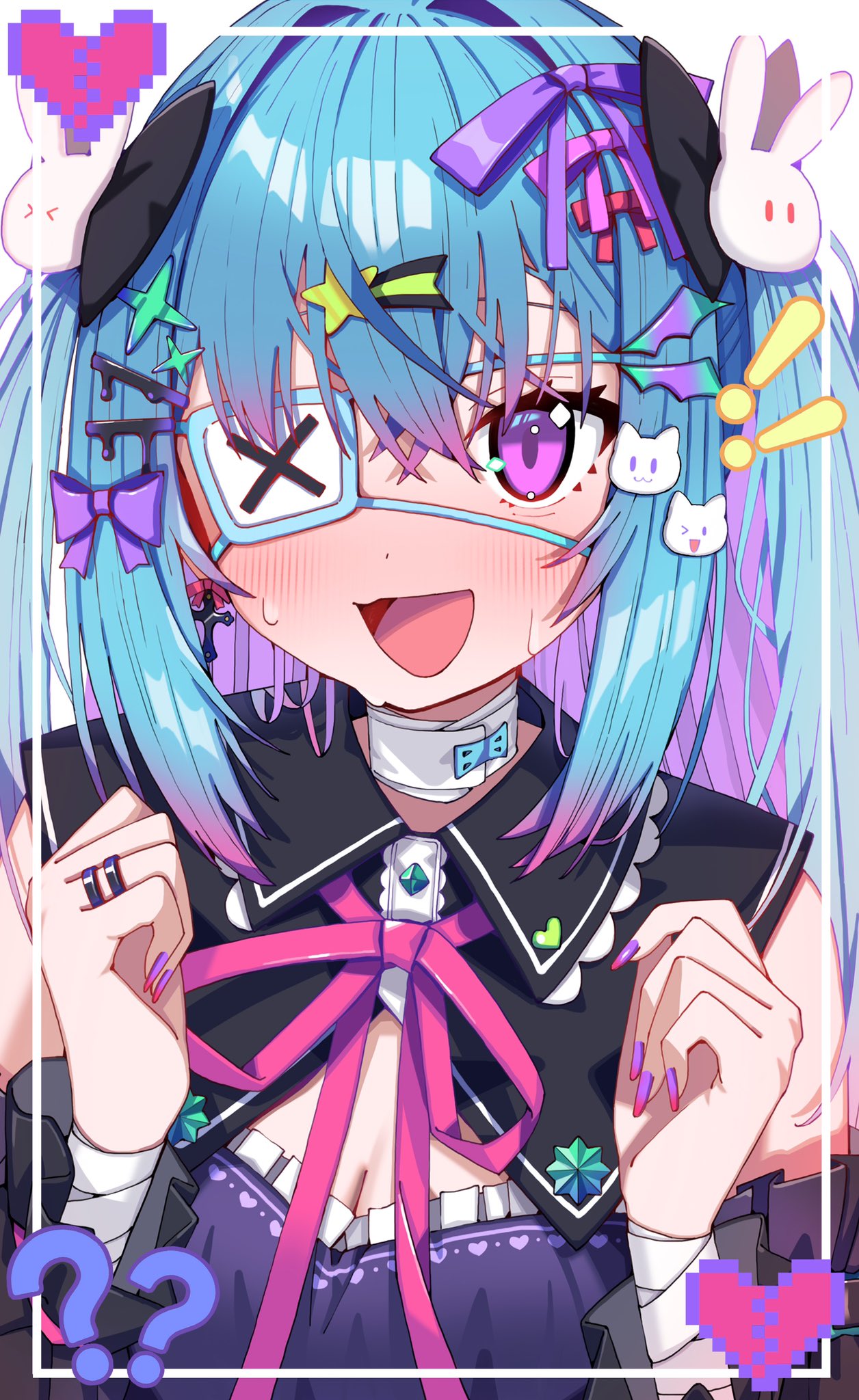 !, !!, 1girl, ?, bandaged_arm, bandaged_neck, bandages, blue_hair