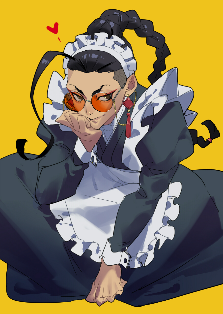 1boy, apron, black_hair, braid, clothes_pull, crossdressing, cuffed_sleeves, ear_piercing