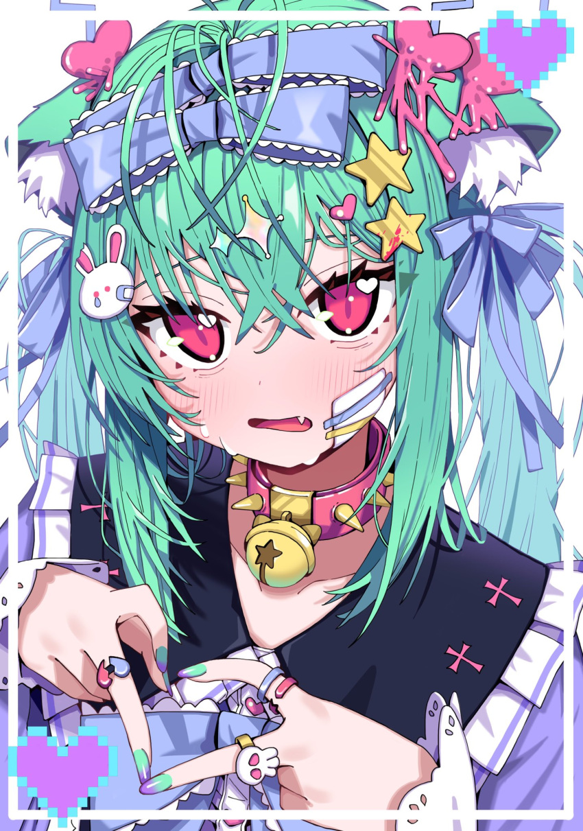 1girl, animal_ear_fluff, animal_ears, bell, belt, belt_collar, blue_bow, blush