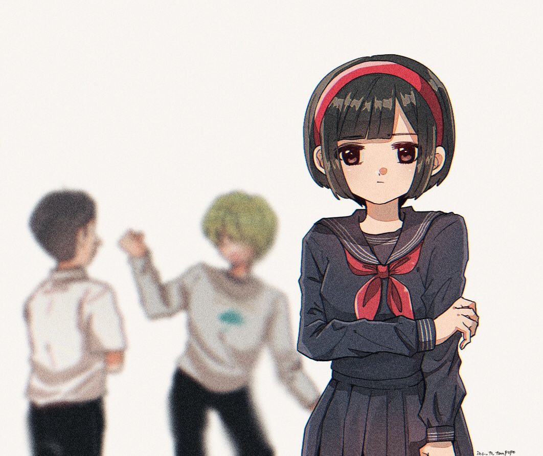 1girl, 2boys, arm_at_side, arm_under_breasts, artist_name, black_hair, black_pants, black_sailor_collar