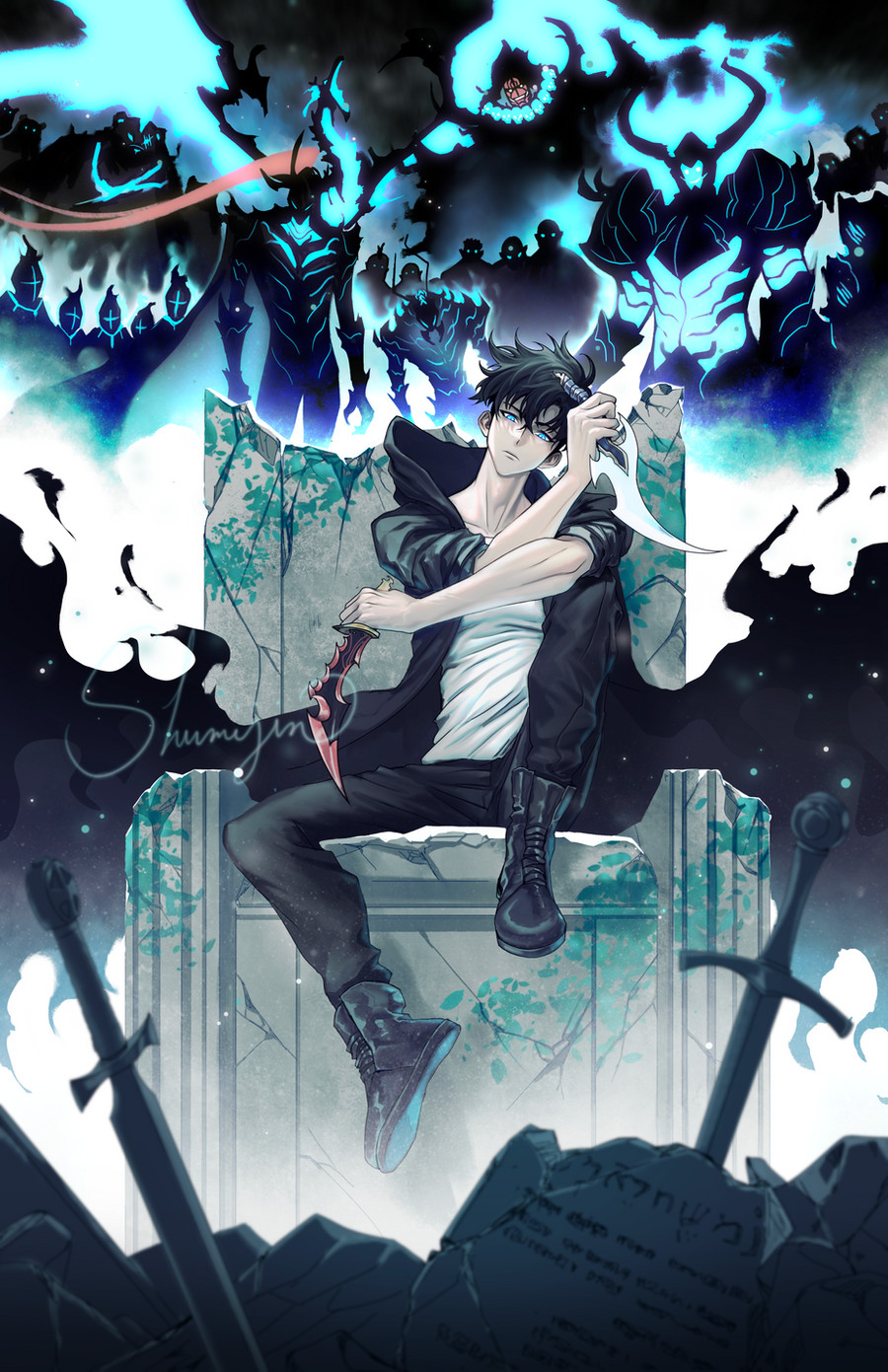 1boy, armor, aura, beru_(solo_leveling), black_footwear, black_hair, black_hoodie, blue_eyes