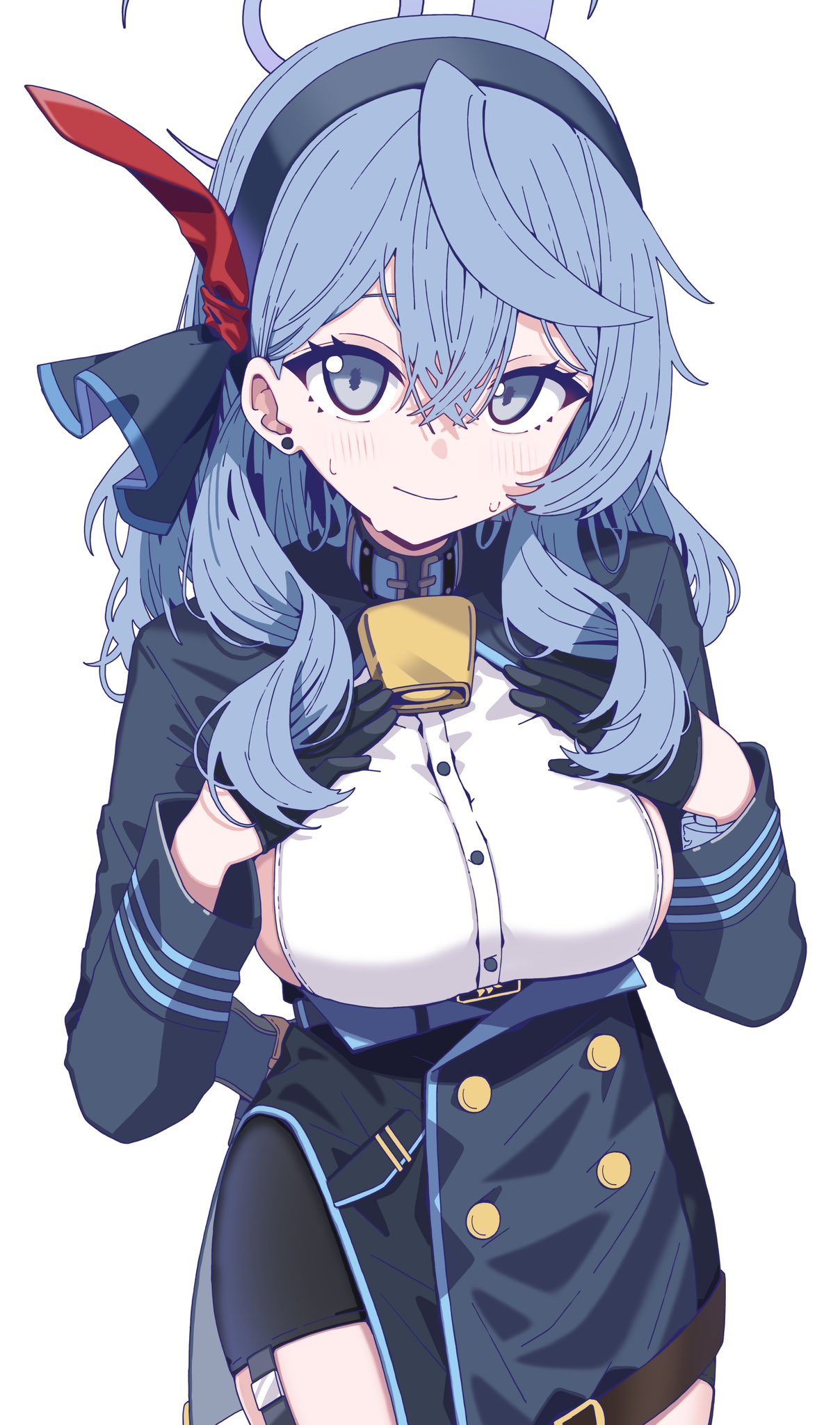 1girl, ako_(blue_archive), bell, blue_archive, blue_eyes, blue_hair, blue_halo, blue_jacket
