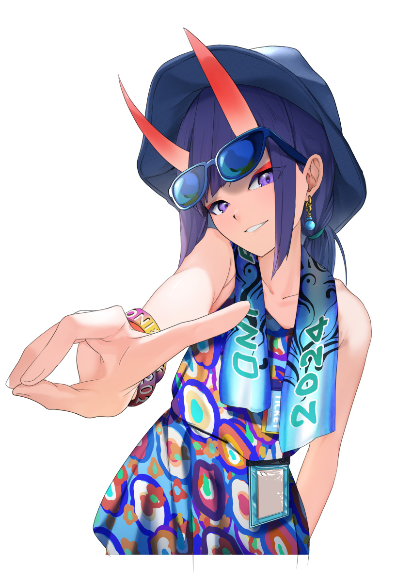 1girl, absurdres, blue_dress, blue_hat, breasts, dress, earrings, eyeliner