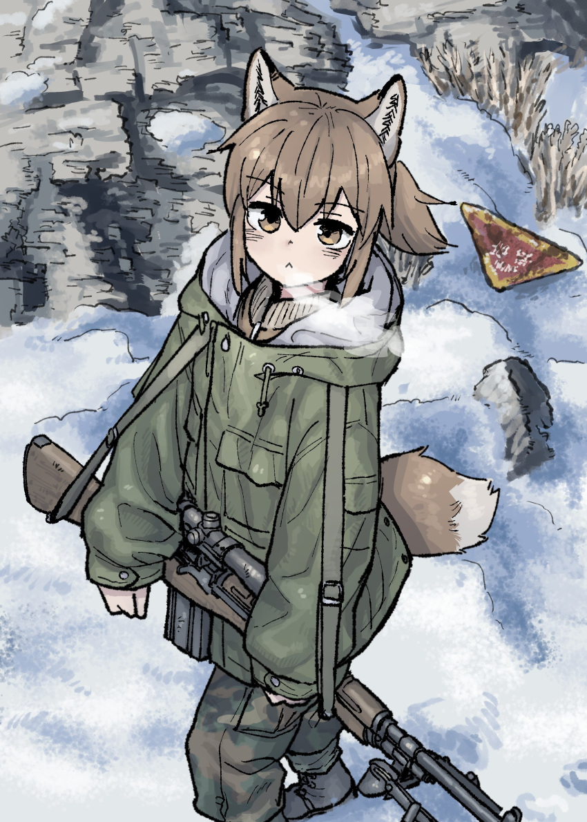 1girl, :<, absurdres, animal_ears, battle_rifle, black_pants, breath, brown_eyes, brown_hair, fox_ears, fox_girl, fox_girl_(yihan_world), fox_tail, green_jacket, gun, highres, hood, hooded_jacket, jacket, looking_at_viewer, m14, m21, original, outdoors, pants, pocket, ponytail, rifle, rock, scope, snow, solo, strap, tail, walking, weapon, winter, yihan_world