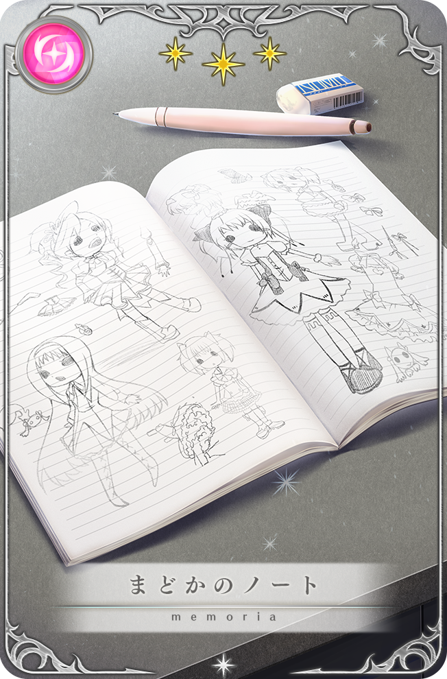 akemi_homura, book, card_(medium), child's_drawing, counter, eraser, game_cg, kaname_madoka, kyubey, magia_record:_mahou_shoujo_madoka_magica_gaiden, mahou_shoujo_madoka_magica, mahou_shoujo_madoka_magica_(anime), no_humans, object_focus, official_art, open_book, pen, picture_frame, sketchbook, star_(symbol), tomoe_mami, translated, tsuduki_neko