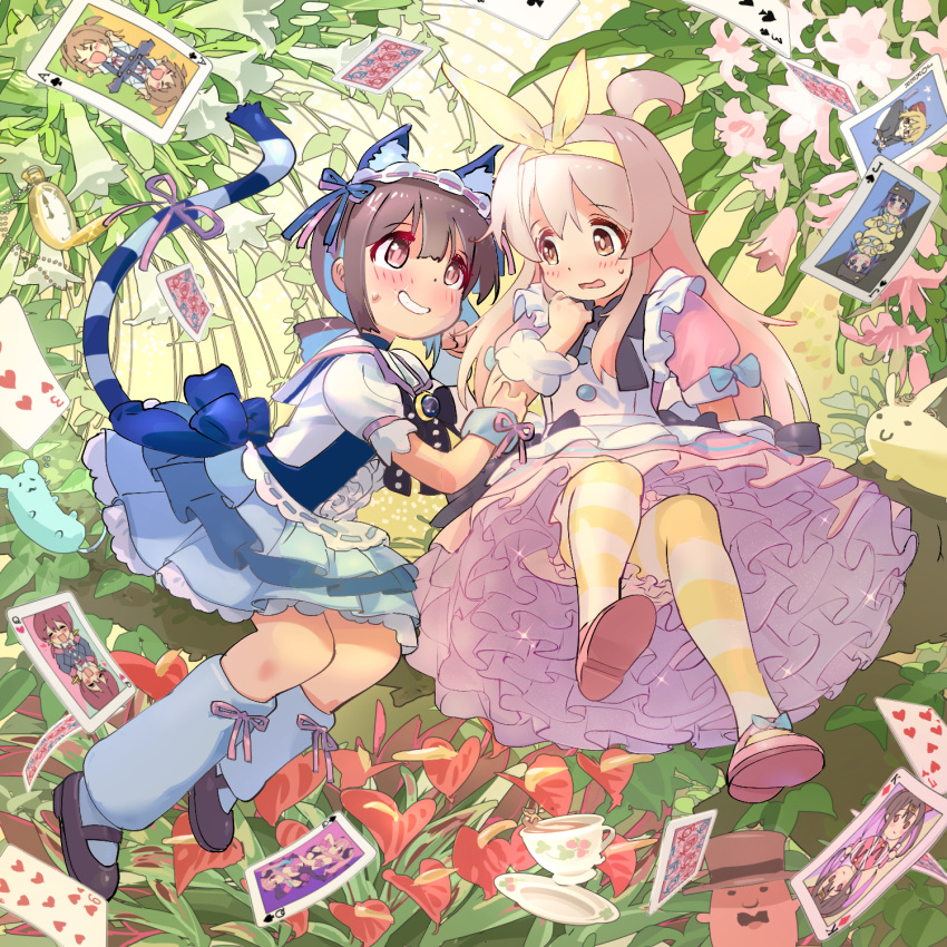 2girls, ahoge, animal_ear_fluff, animal_ears, anthurium, azuma_chitose, black_bow, black_bowtie