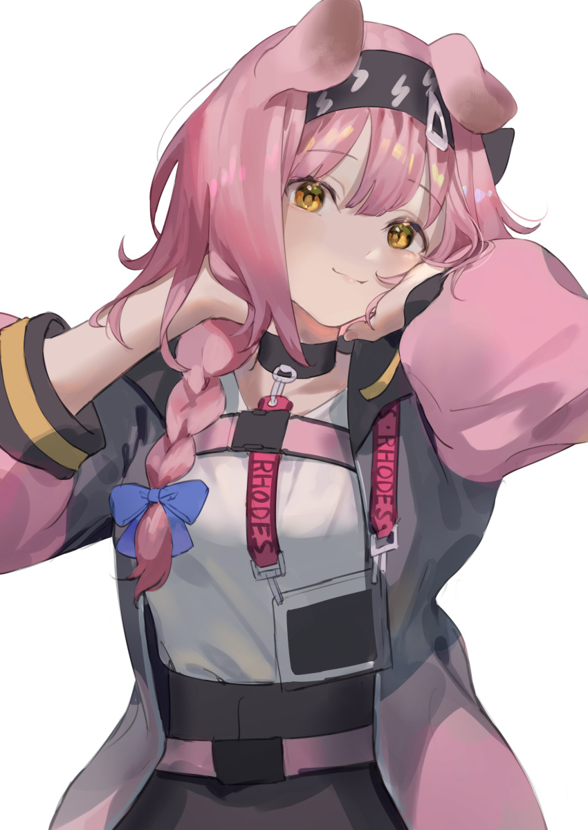1girl, absurdres, animal_ears, arknights, black_choker, black_hairband, blue_bow, bow