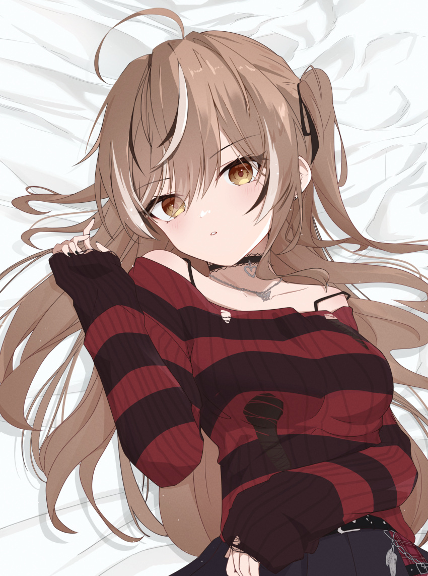 1girl, ahoge, bed_sheet, belt, belt_chain, black_choker, black_nails, black_skirt, black_sweater, brown_eyes, brown_hair, chain, chain_necklace, choker, emo_fashion, feathers, frilled_choker, frills, hair_over_one_eye, highres, hololive, hololive_english, jewelry, long_hair, looking_at_viewer, lying, multicolored_hair, nanashi_mumei, nanashi_mumei_(emo), narukahana, necklace, official_alternate_costume, on_back, on_bed, one_side_up, pleated_skirt, red_sweater, skirt, spaghetti_strap, streaked_hair, sweater, torn_clothes, torn_sweater, two-tone_sweater, very_long_hair, virtual_youtuber