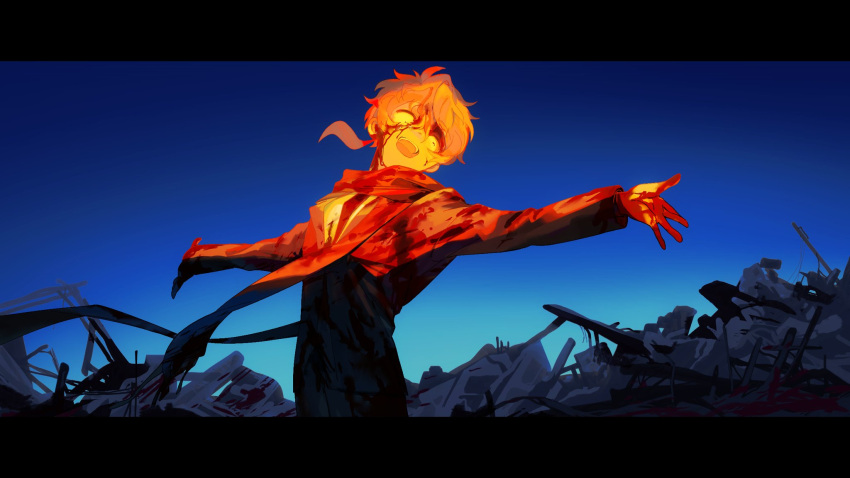 1boy, aeanne, arms_up, black_jacket, blood, blood_on_clothes, blood_on_face, blue_sky