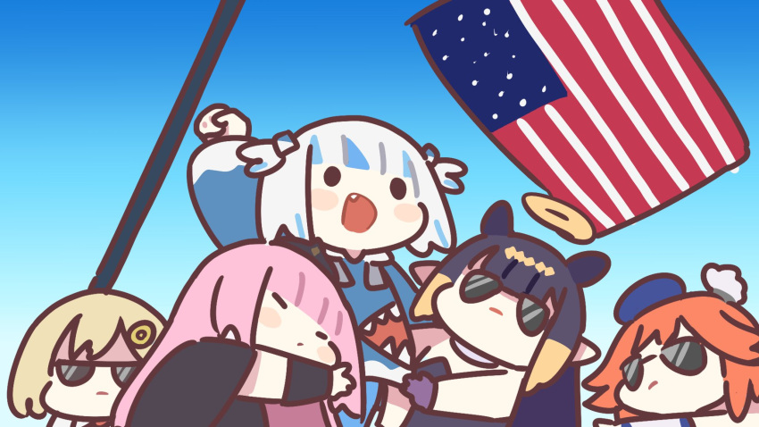 2024_assassination_attempt_of_donald_trump, 5girls, american_flag, arm_up, blonde_hair, blue_background, blush_stickers, chibi