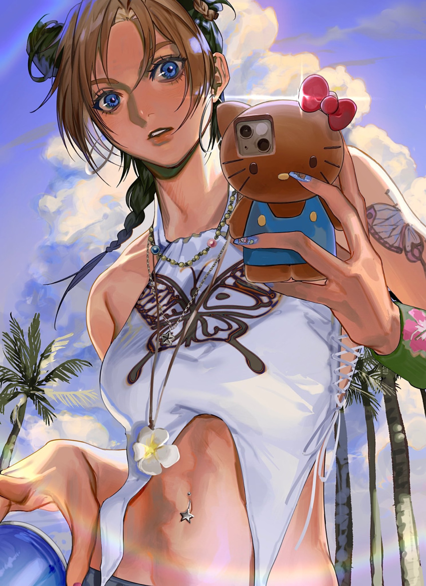 1girl, animal_print, arm_tattoo, blue_eyes, blue_nails, blue_sky, bow, braid, braided_ponytail, butterfly_print, butterfly_tattoo, clouds, drink, earrings, flower, green_hair, hello_kitty_(character), highres, holding, holding_drink, holding_phone, hoop_earrings, jewelry, jojo_no_kimyou_na_bouken, kujo_jolyne, looking_at_viewer, masakenme, multicolored_hair, multiple_necklaces, navel_piercing, necklace, palm_tree, phone, piercing, red_bow, sky, solo, star_piercing, stomach, stone_ocean, tattoo, tree, two-tone_hair, upper_body, white_flower