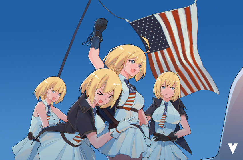 >_<, 2024_assassination_attempt_of_donald_trump, 4girls, absurdres, ahoge, american_flag, american_flag_neckwear, american_flag_print