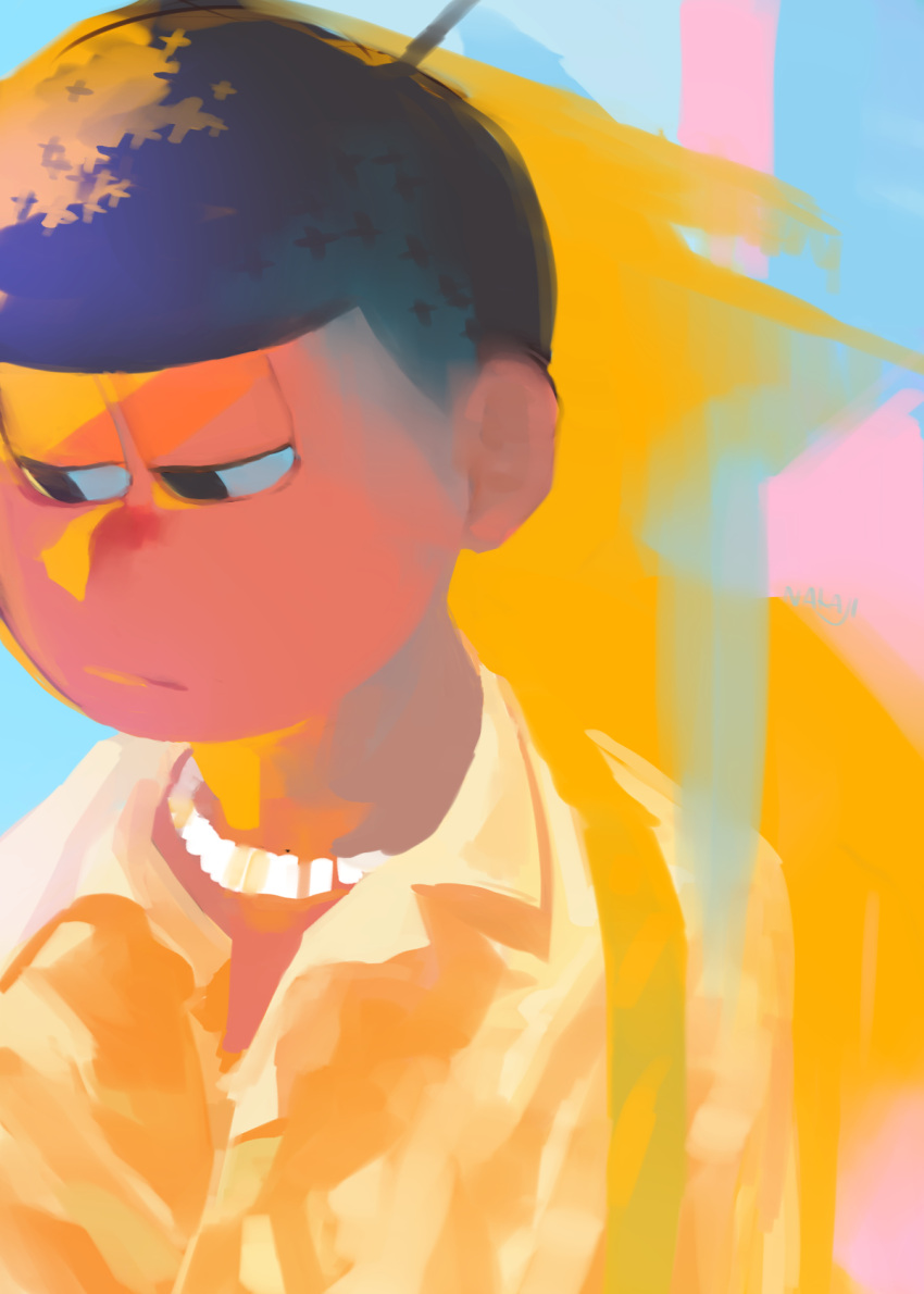 1boy, ahoge, black_eyes, black_hair, closed_mouth, highres, jumpsuit, looking_down