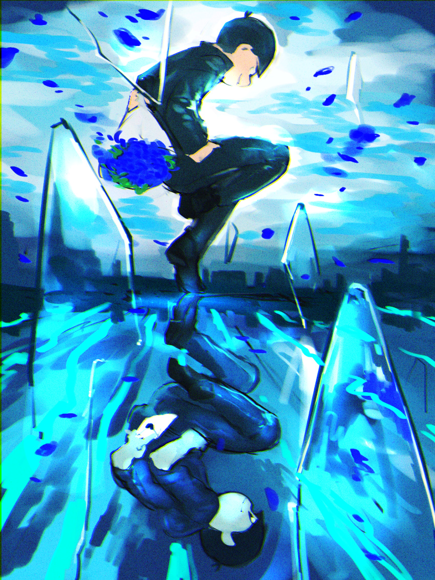 1boy, antenna_hair, black_eyes, black_footwear, black_hair, black_jacket, black_pants, blue_flower, bouquet, closed_mouth, different_reflection, flower, glass_shards, highres, holding, holding_bouquet, jacket, matsuno_karamatsu, nacaji, osomatsu-san, osomatsu_(series), pants, petals, reflection, shoes, smile, standing, standing_on_one_leg, tiptoes