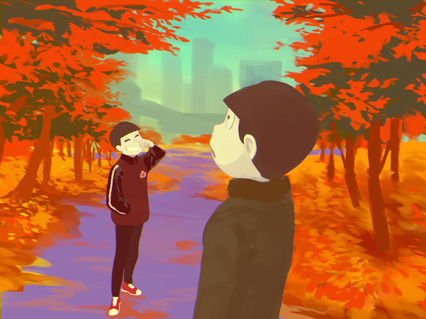 2boys, antenna_hair, autumn, black_hair, full_body, green_jacket, hand_up, highres
