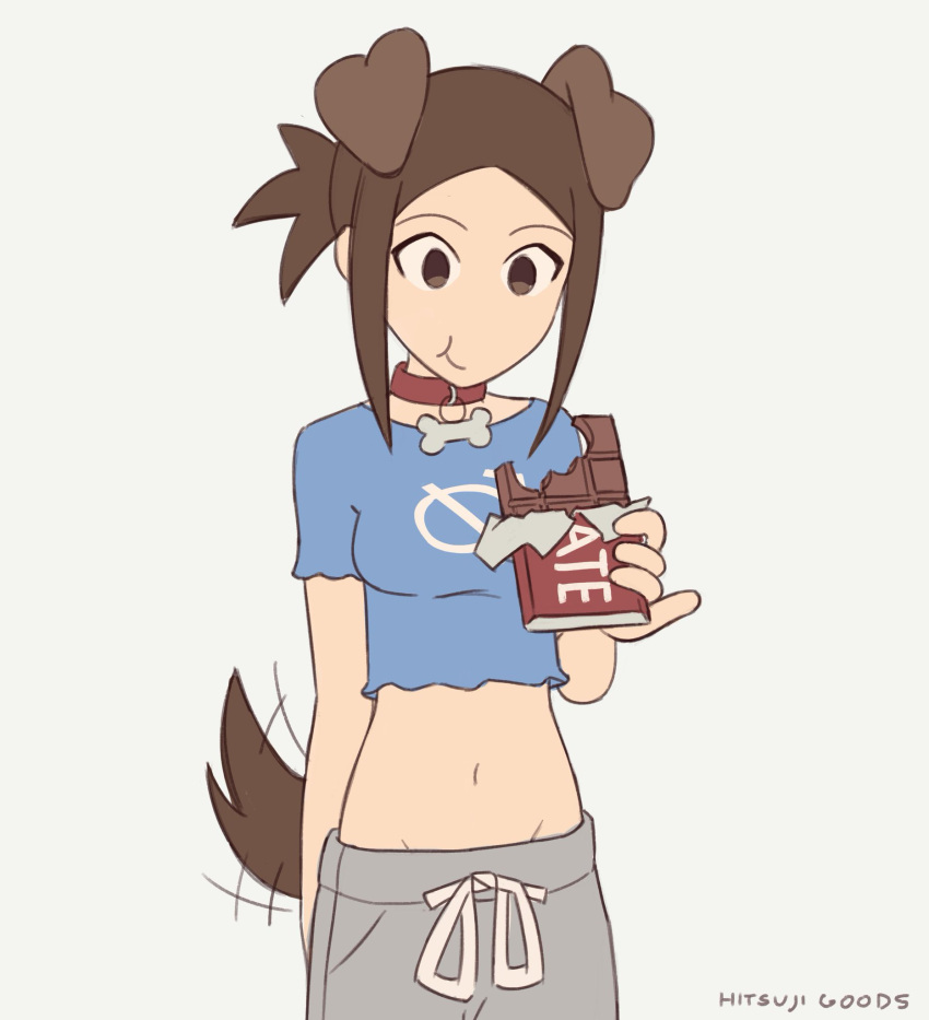 blue_shirt, brown_eyes, brown_hair, chocolate, collar, crop_top, dog_ears, dog_girl