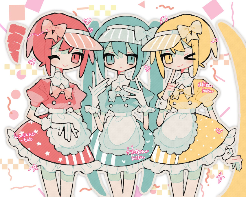 >_o, 3girls, akita_neru, apron, aqua_dress, aqua_eyes, aqua_hair, aqua_hat