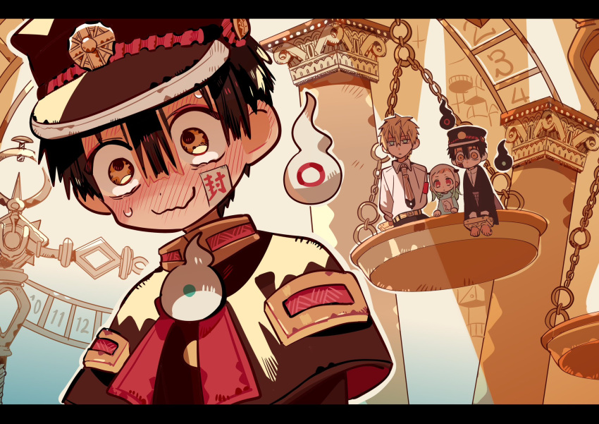 1girl, 3boys, analogous_colors, behind_another, blush, closed_mouth, column, full-face_blush