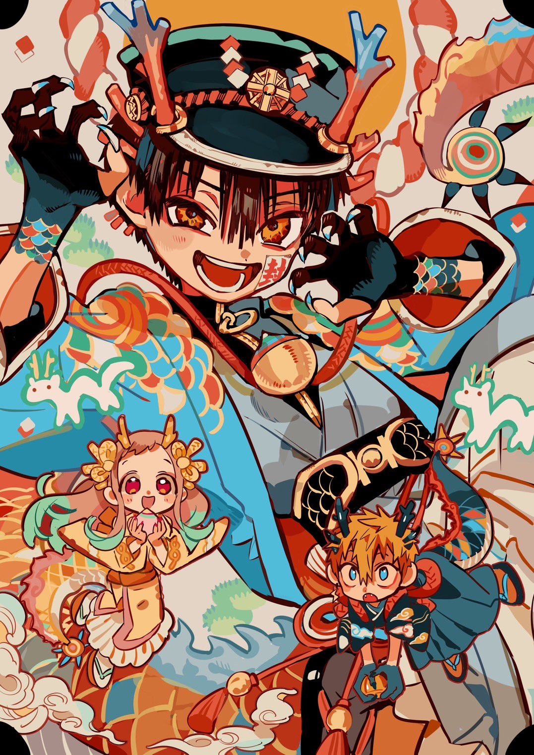 1girl, 2boys, :d, alternate_costume, alternate_universe, aqua_kimono, arm_up, belt