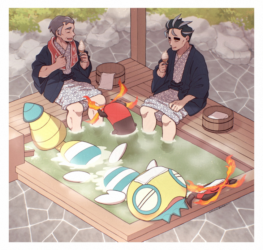2boys, batabiru, black_eyebrows, black_hair, bucket, bug, centipede, centiskorch