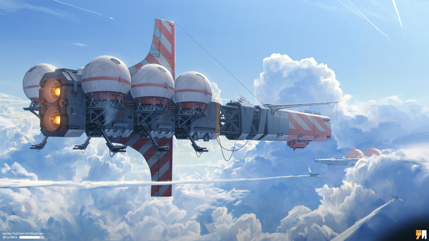aircraft, artist_logo, artist_name, contrail, day, highres, no_humans, original