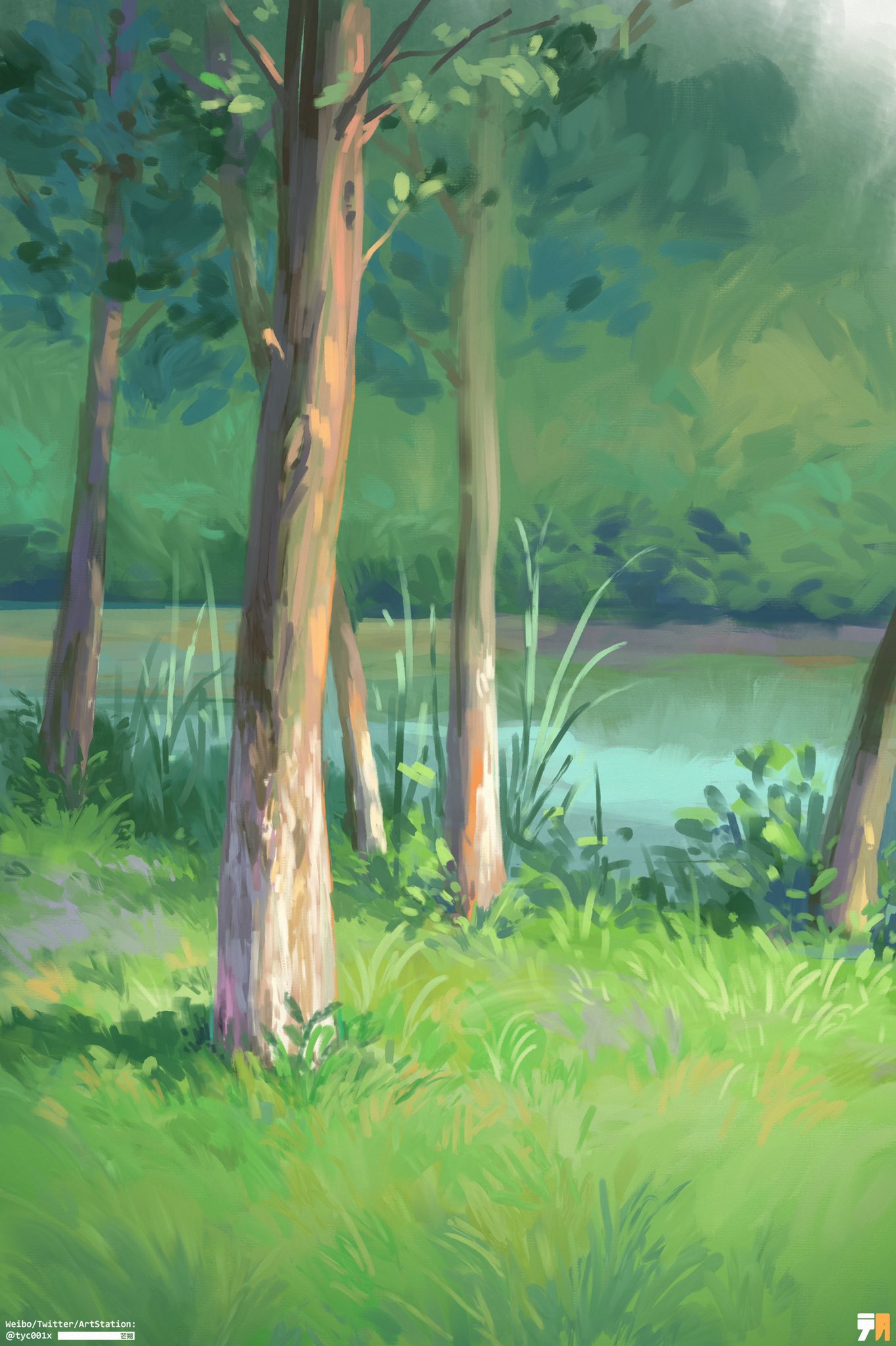 artist_logo, artist_name, day, grass, highres, lake, no_humans, original