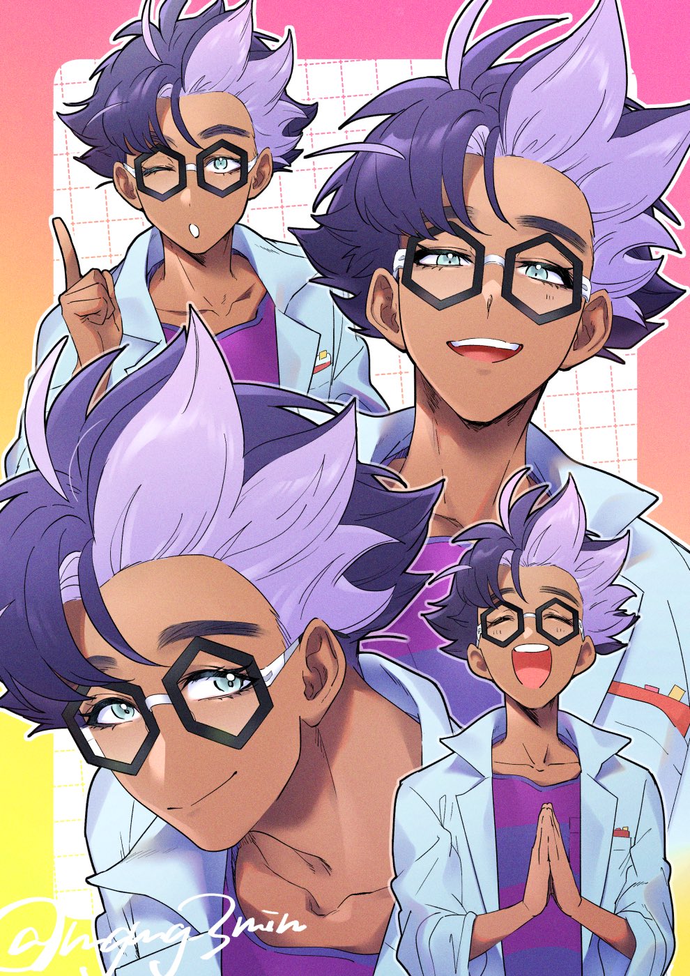 1boy, blue_eyes, closed_mouth, coat, dark_skin, expressions, glasses, hand_up