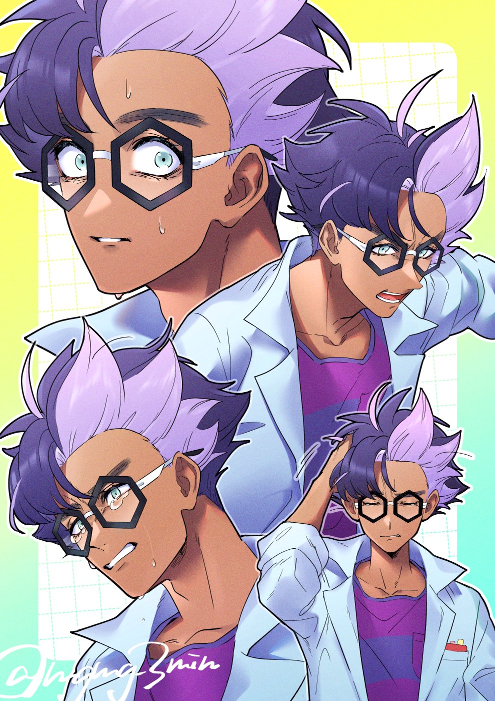 1boy, angry, blue_eyes, clenched_teeth, coat, dark_skin, expressions, frustrated, glasses, hand_in_own_hair, hexagonal_eyewear, highres, jacq_(pokemon), lab_coat, male_focus, mgmg_3min, nervous, pokemon, pokemon_sv, purple_hair, purple_shirt, sad, serious, shirt, sweatdrop, tears, teeth, white_background, white_coat