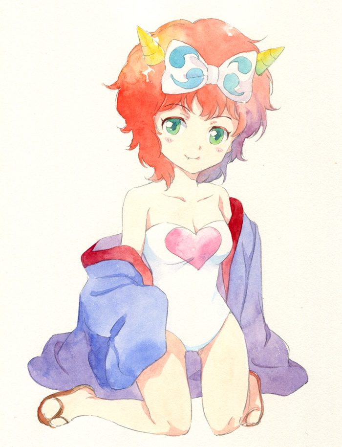 bare_shoulders, blush, bow, breasts, character_request, cleavage, doteraman, fang, green_eyes, hair_bow, heart, horns, kneeling, off_shoulder, orange_hair, simple_background, slippers, smile, solo, suzuki_manami