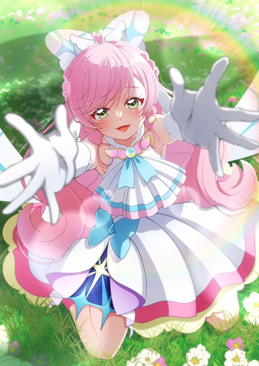 1girl, :d, blue_bow, blush, bow, braid, brooch, cure_prism